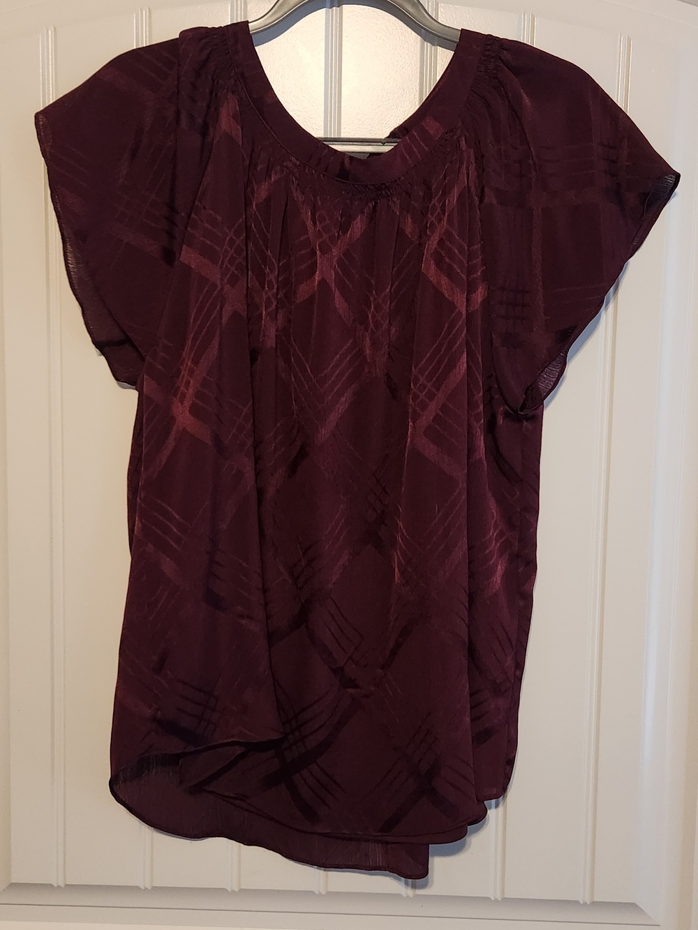 LC Lauren Conrad Deep Plum Short-Sleeve Sheer Blouse
